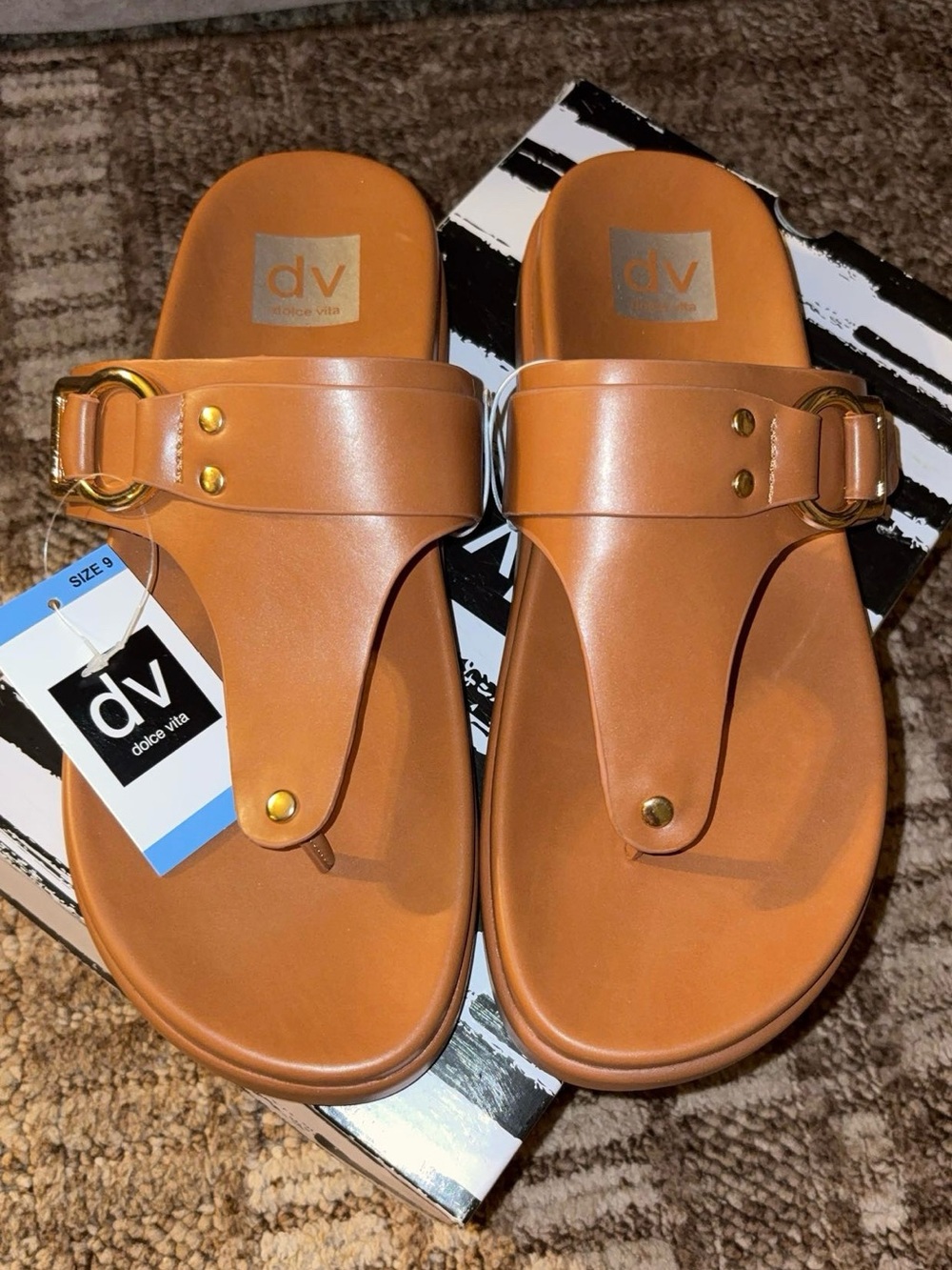DV Dolce Vita Women's Camel Brown Slide Sandals Gold Buckle Size 9 New with Box